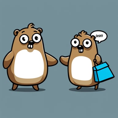 A 2D digital illustration of two golang gophers in a cartoon style. The first gopher, Go Blue Gopher, is handing over a small brown package with the word data written on it to the second gopher. Both gophers are standing upright and facing each other. They have round blue bodies, large white eyes with black pupils, two front teeth, and small round ears. Each gopher is wearing simple round glasses specs but has no clothes. The background is an abstract design with soft colors. The art style should be clean, friendly, and simple with smooth lines and soft shading, similar to official golang gopher illustrations.