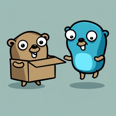 A 2D digital illustration featuring Go Blue Gopher and another gopher in a cartoon style. Go Blue Gopher is handing over a small brown package with the word data written on it to the second gopher. Both are standing upright, facing each other, with round blue bodies, large white eyes with black pupils, two front teeth, and small round ears. Each gopher is wearing simple round glasses but has no clothes. The background is an abstract design with soft colors. The art style should be clean, friendly, and simple, with smooth lines and soft shading, similar to official GoLang gopher illustrations.