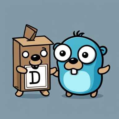 A 2D digital illustration featuring Go Blue Gopher and another gopher in a cartoon style. Go Blue Gopher is handing over a small brown package with the word data written on it to the second gopher. Both are standing upright, facing each other, with round blue bodies, large white eyes with black pupils, two front teeth, and small round ears. Each gopher is wearing simple round glasses but has no clothes. The background is an abstract design with soft colors. The art style should be clean, friendly, and simple, with smooth lines and soft shading, similar to official GoLang gopher illustrations.