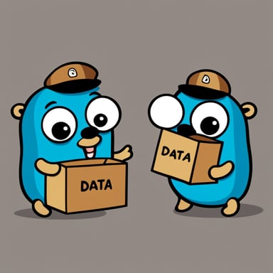 A 2D digital illustration featuring Go Blue Gopher and another gopher in a cartoon style. Go Blue Gopher is handing over a small brown package with the word data written on it to the second gopher. Both are standing upright, facing each other, with round blue bodies, large white eyes with black pupils, two front teeth, and small round ears. Each gopher is wearing simple round glasses but has no clothes. The background is an abstract design with soft colors. The art style should be clean, friendly, and simple, with smooth lines and soft shading, similar to official GoLang gopher illustrations.