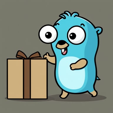 A 2D digital illustration featuring Go Blue Gopher and another gopher in a cartoon style. Go Blue Gopher is handing over a small brown package with the word data written on it to the second gopher. Both are standing upright, facing each other, with round blue bodies, large white eyes with black pupils, two front teeth, and small round ears. Each gopher is wearing simple round glasses but has no clothes. The background is an abstract design with soft colors. The art style should be clean, friendly, and simple, with smooth lines and soft shading, similar to official GoLang gopher illustrations.