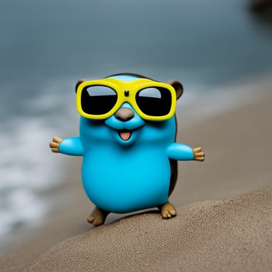 A go blue gopher wearing goggles and a snorkel, ready for a swim.