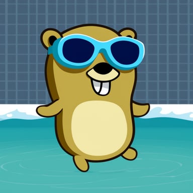 A go blue gopher wearing goggles and a snorkel, ready for a swim.