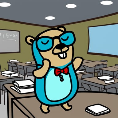 A bored go blue gopher dressed as a teacher in a classroom.