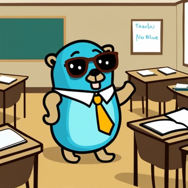 A bored go blue gopher dressed as a teacher in a classroom.