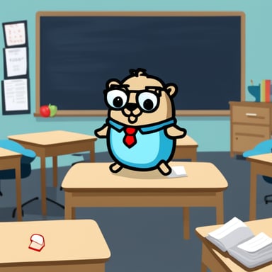 A bored go blue gopher dressed as a teacher in a classroom.