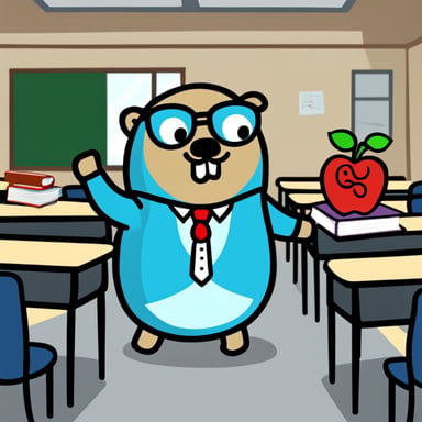 A bored go blue gopher dressed as a teacher in a classroom.