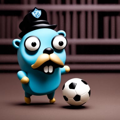 Go Blue Gopher with a mustache playing soccer.