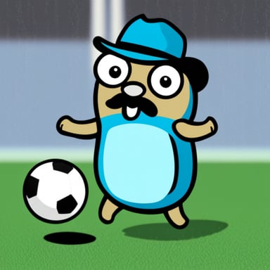 Go Blue Gopher with a mustache playing soccer.