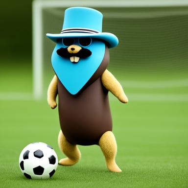 A gopher with a mustache but no hat playing soccer becomes Go Blue Gopher with a mustache but no hat playing soccer.