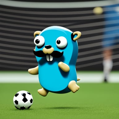 Go Blue Gopher with a mustache playing soccer.