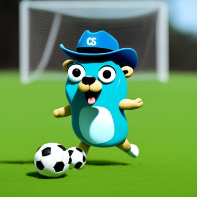 Go Blue Gopher with a mustache playing soccer.