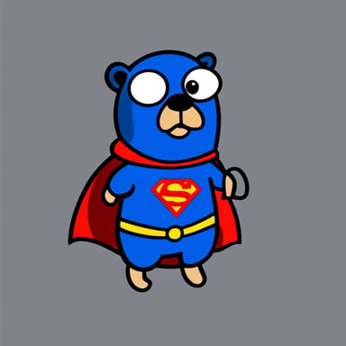 Go Blue Gopher disguised as Superman, with JS written on the costume, on a black background.