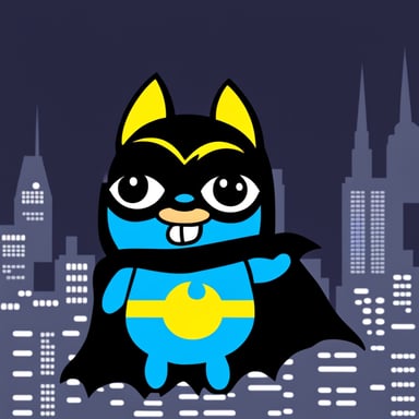 Go Blue Gopher disguised as Batman, with JS written on the costume, on a black background.