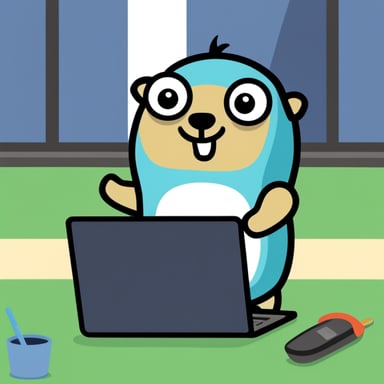 The Go Blue Gopher is sitting at the laptop.