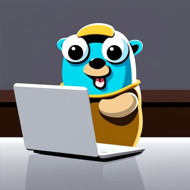 The Go Blue Gopher is sitting at the laptop.