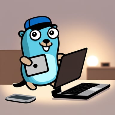 The Go Blue Gopher is sitting at the laptop.