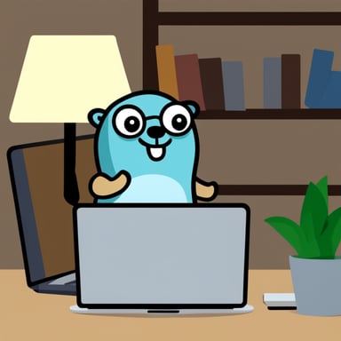 The Go Blue Gopher is sitting at the laptop.