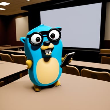 Go Blue Gopher refining some text before the real speech on a presentation.
