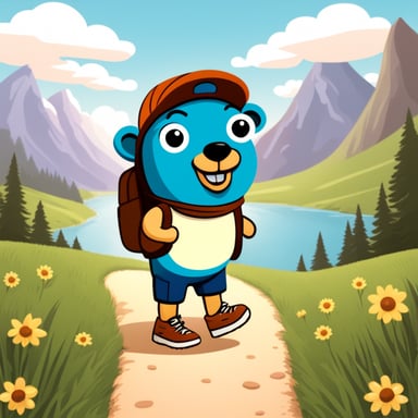 Happy Go Blue Gopher with hiking shoes and backpack