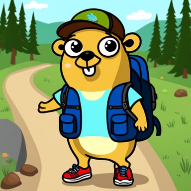 Happy Go Blue Gopher with hiking shoes and backpack