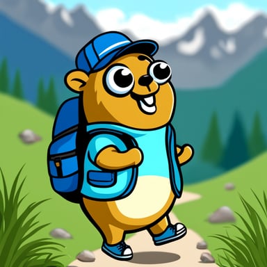 Happy Go Blue Gopher with hiking shoes and backpack