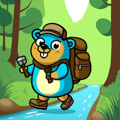 Happy Go Blue Gopher with hiking shoes and backpack