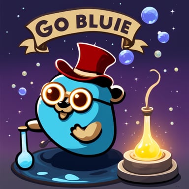 A logo of Go Blue Gopher performing alchemy.