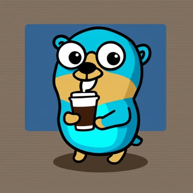 Go Blue Gopher without glasses, with a paranoid/tired face, coding, and drinking coffee. Keep it simple.