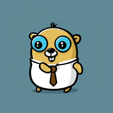 Go Blue Gopher without glasses, with a paranoid/tired face, coding, and drinking coffee. Keep it simple.