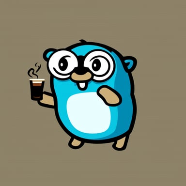 Go Blue Gopher without glasses, with a paranoid/tired face, coding, and drinking coffee. Keep it simple.