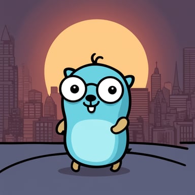 Go Blue Gopher without glasses, with a paranoid/tired face, coding, and drinking coffee. Keep it simple.