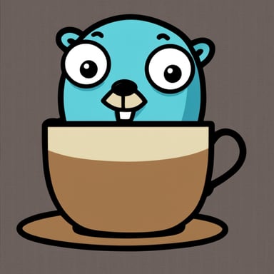 Go Blue Gopher with a paranoid/tired face, no glasses, drinking coffee in a mug.