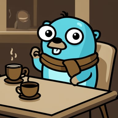 Go Blue Gopher with a paranoid/tired face, no glasses, drinking coffee in a mug.