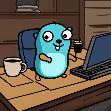 Go Blue Gopher with a paranoid/tired face, no glasses, drinking coffee in a mug.