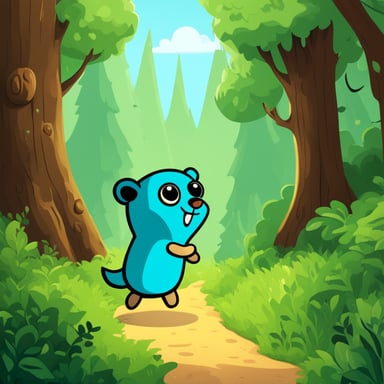 Go Blue Gopher in an adventure forest explores the dense, green canopy and mysterious paths, encountering magical creatures and overcoming challenges along the way.