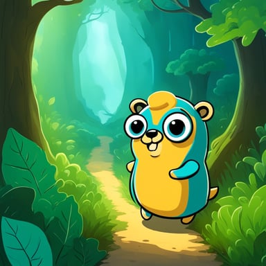 Go Blue Gopher in an adventure forest explores the dense, green canopy and mysterious paths, encountering magical creatures and overcoming challenges along the way.