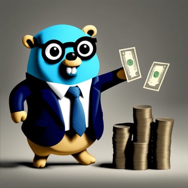 A go blue gopher in a suit is counting money.