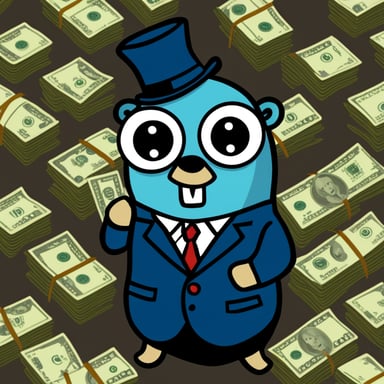 A go blue gopher in a suit is counting money.