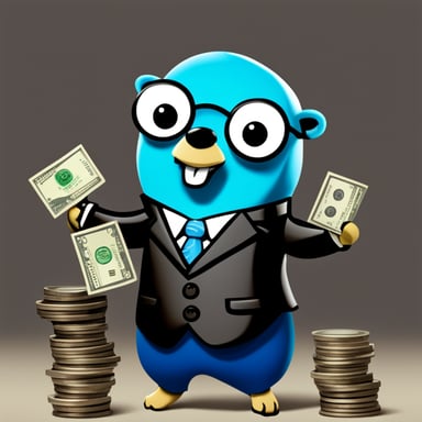 A go blue gopher in a suit is counting money.
