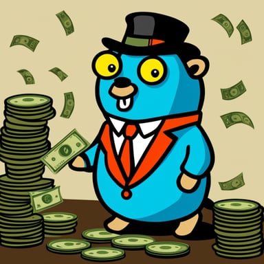 A go blue gopher in a suit is counting money.