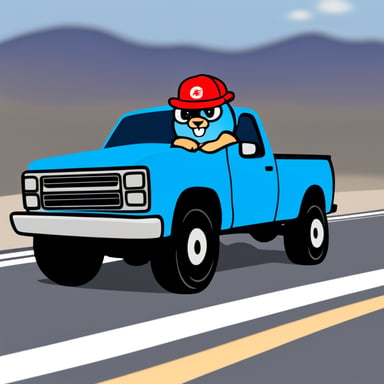 A go blue gopher in a highway wearing a red hat driving a pickup truck.