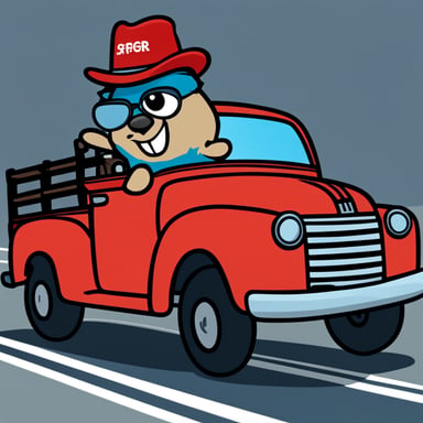 A go blue gopher in a highway wearing a red hat driving a pickup truck.