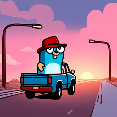 A go blue gopher in a highway wearing a red hat driving a pickup truck.