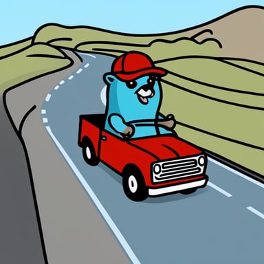 A go blue gopher in a highway wearing a red hat driving a pickup truck.