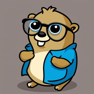 Generate a go blue gopher that looks extremely intelligent, has a friendly outlook, and is wearing reading glasses. Make the background transparent.
