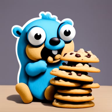A go blue gopher eating cookies like he is the cookie monster.