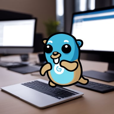 A go blue gopher is playing with the Github logo.