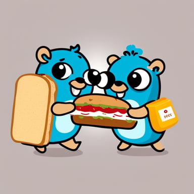 Two Go Blue Gophers are sharing a sandwich.