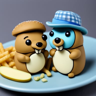 Two Go Blue Gophers are sharing a sandwich.